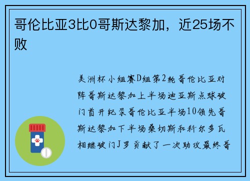 哥伦比亚3比0哥斯达黎加，近25场不败