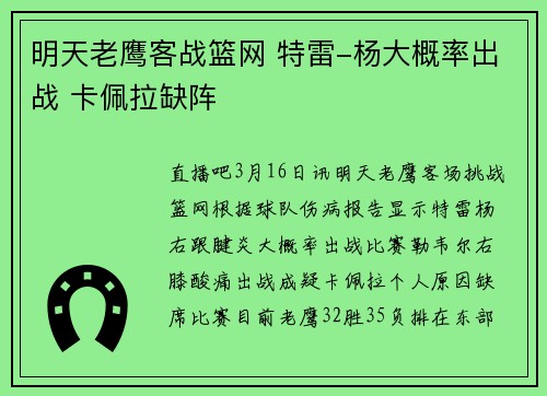 明天老鹰客战篮网 特雷-杨大概率出战 卡佩拉缺阵