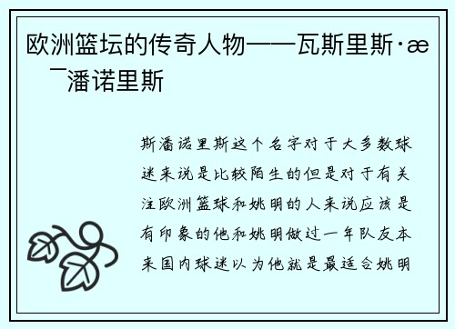 欧洲篮坛的传奇人物——瓦斯里斯·斯潘诺里斯